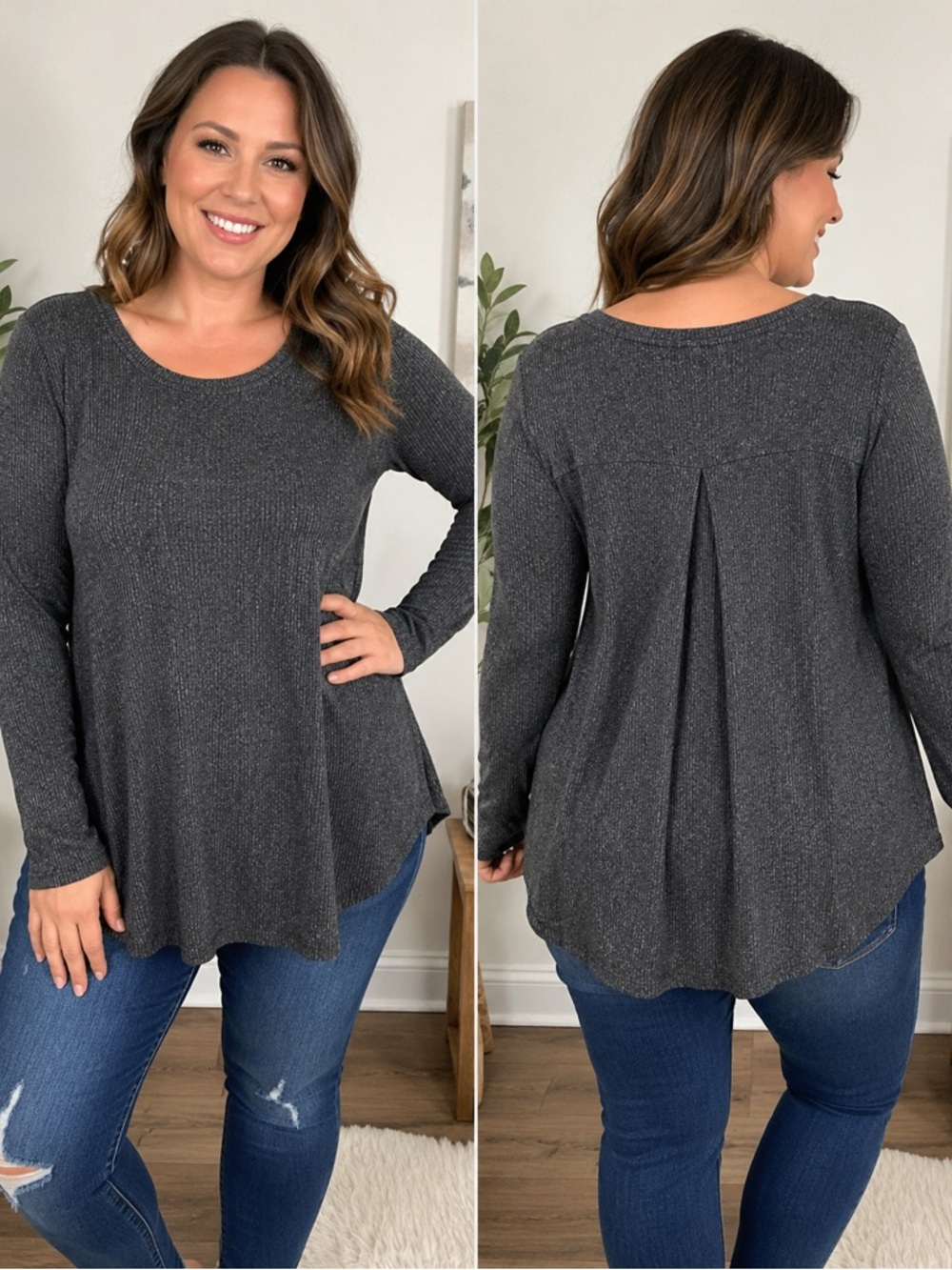 Philosophy Ribbed Knit Swing Top XL Gray Long Sleeve Tunic‎ Back Pleat Stretch